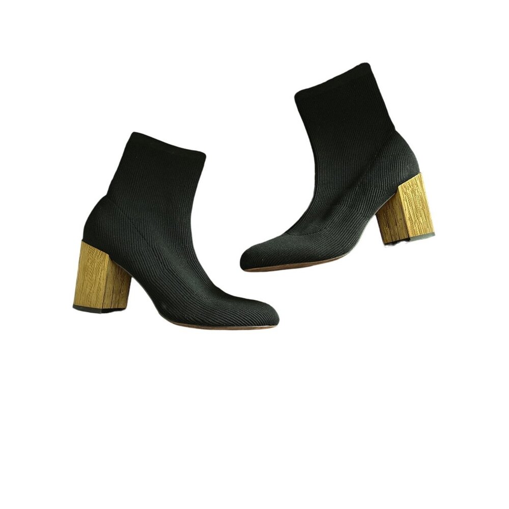 White House Black Market Black Sock Booties Pull On Gold Textured Block Heel 9